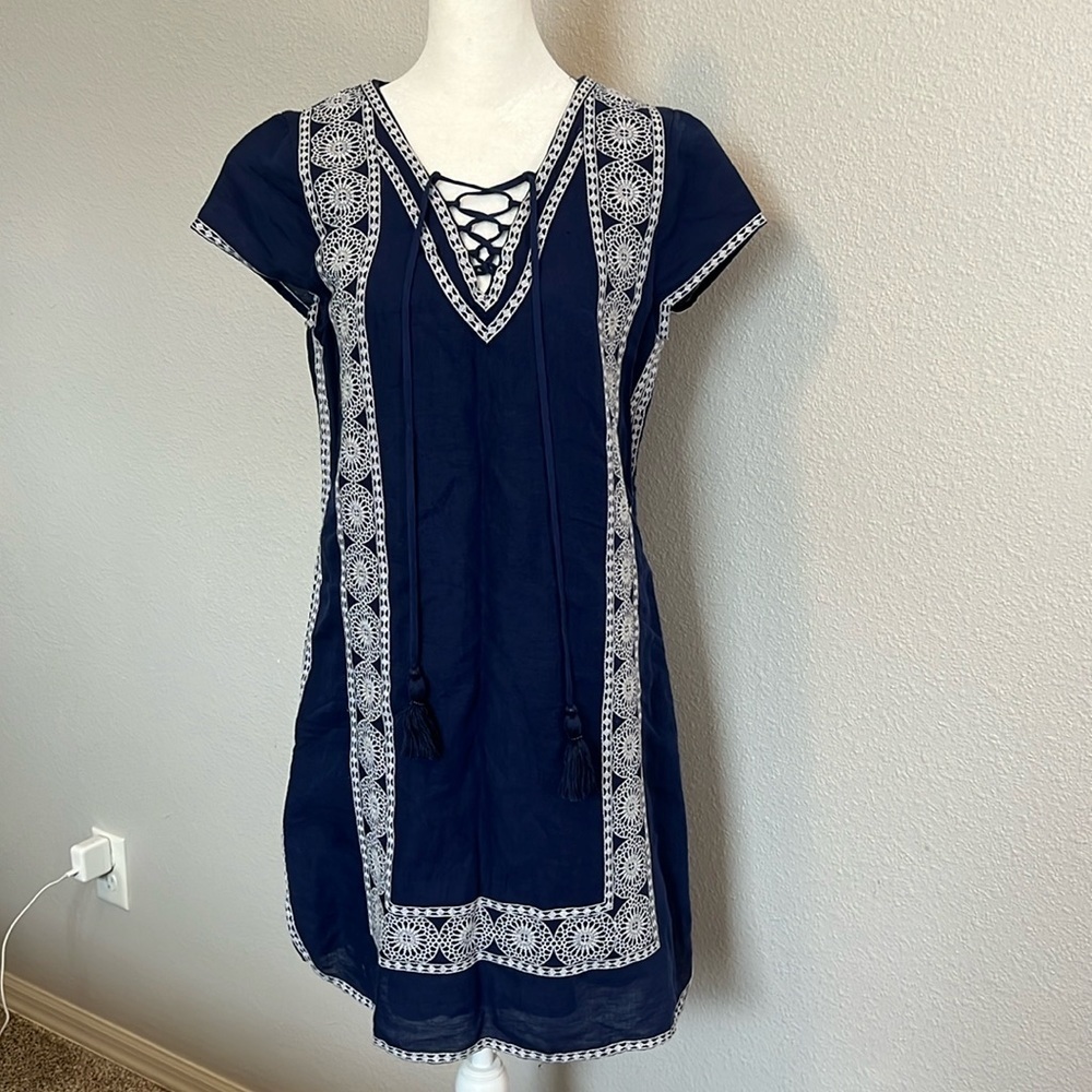 Vineyard Vines Linen/Cotton Blue Embroidered VNeck Dress Size 4